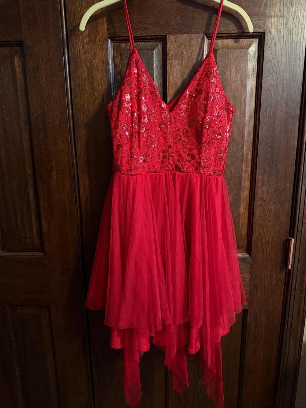 Red Sequin V-Neck Mini Dress with Tulle Skirt